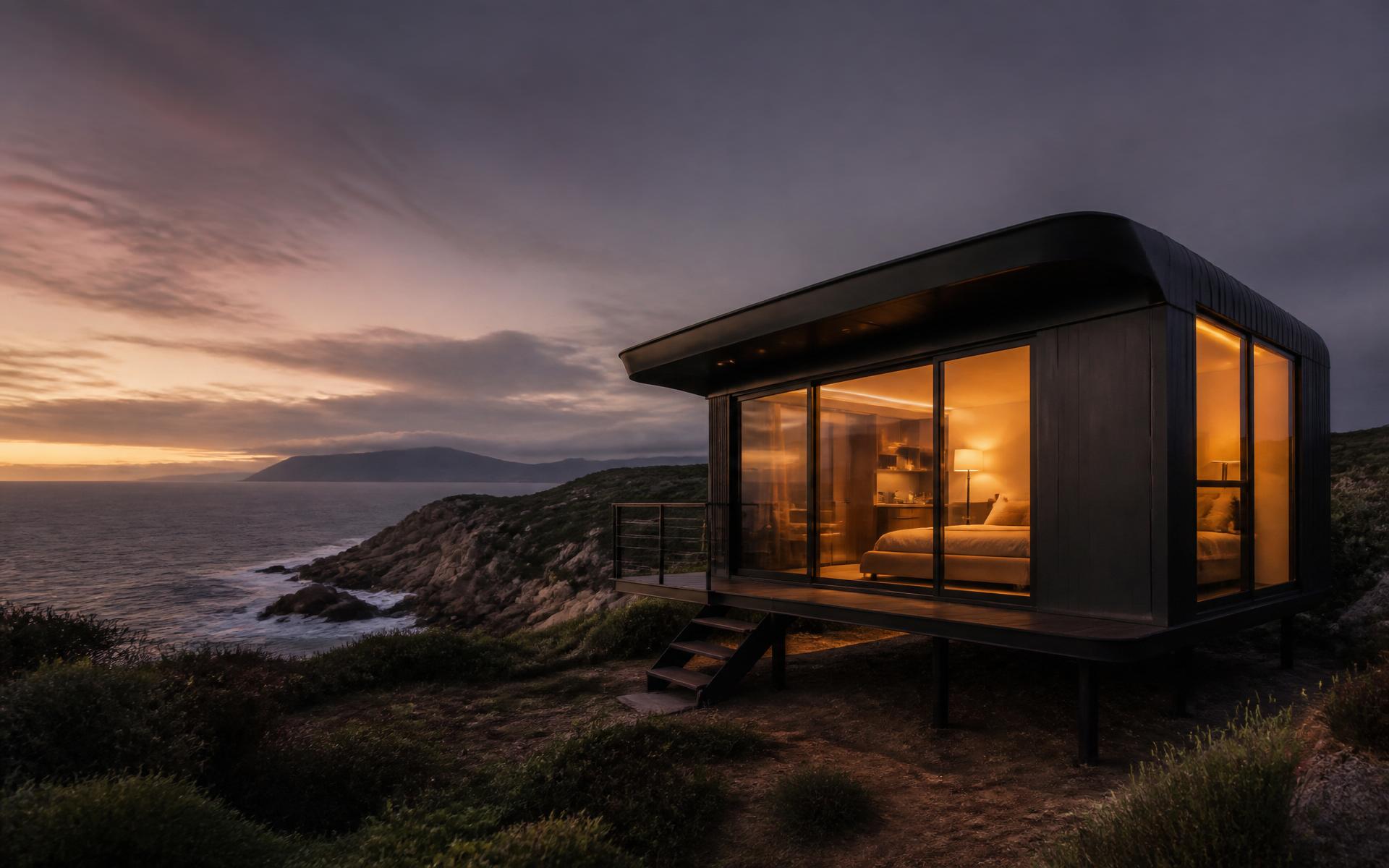 Luxury tiny home at dusk on a South African coastal cliff