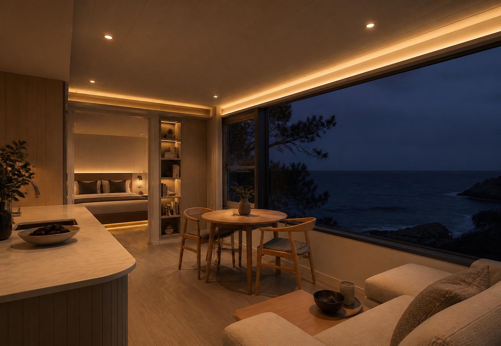 Warm mood-lit interior with cornice downlighting